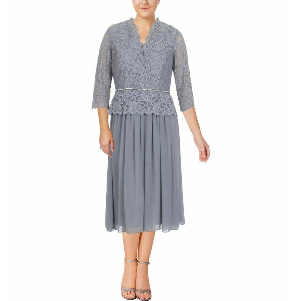 Alex Evenings Women's‎ Gray Lace 3/4 Sleeve Midi Dress Special Occasion